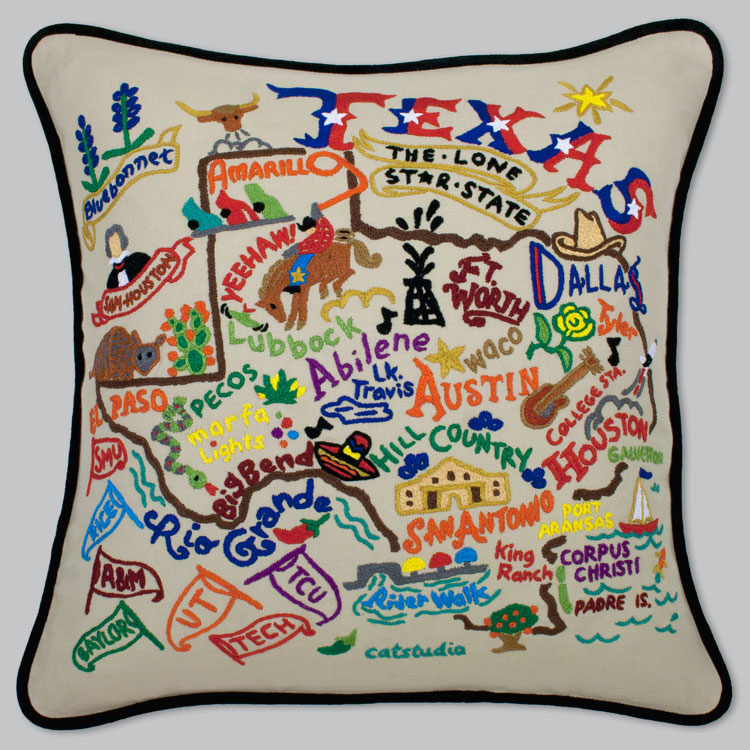 Texas Embroidered Pillow-Texas, Pillow, Embroidered, State, Hand